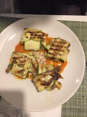 Zucchini ravioli. Zucchini wrapped around eggplant  at True Food in Faro