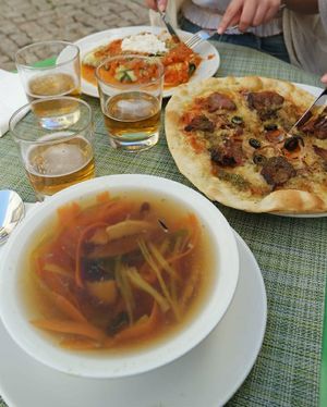 Miso soup, pizza, ravioli at True Food in Faro