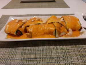 Vegan ravioli, gluten free, using zucchini as noodles. at True Food in Faro