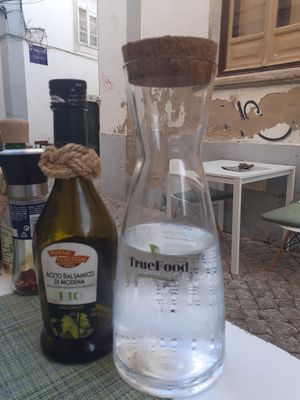 Alcaline water and organic vinegar at True Food in Faro