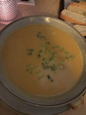 Sweet potato soup with ginger and coconut cream. It was the best one!!!  at Spaghetti Factory in Zurich