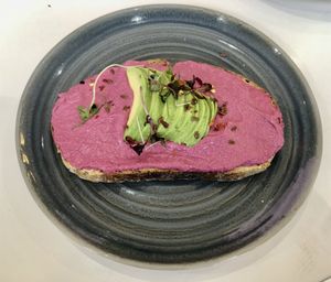 Beetroot hummus toast  at Circle - Health Care City in Dubai