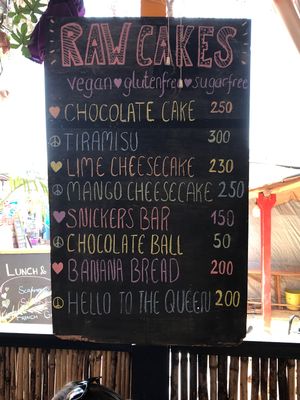 All raw except for banana bread, cakes are all vegan except for hello to the queens icecream at Mandala Cafe in Agonda