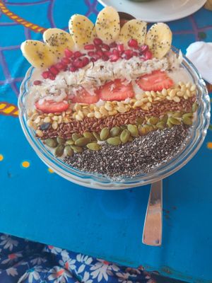 Peanut butter smoothie with almond milk at Mandala Cafe in Agonda
