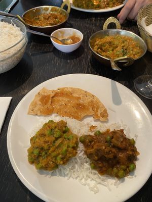 Baingan bharta (eggplant) and mushroom mutter with poppadoms and mango chutney   at Indian Springs in Hanmer Springs