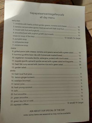 Menu as of May 2023 at Tiapapata Art Centre in Apia