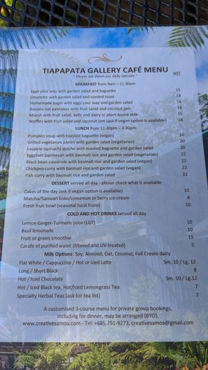 Menu as of November 2024 at Tiapapata Art Centre in Apia