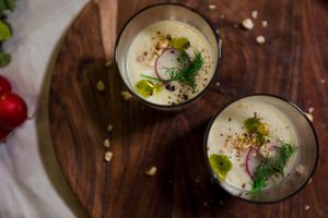 Vegan Celeriac Soup with Hazelnut and Fennel. Part of a three course vegan feast at MoaAlm Mountain Retreat. at MoaAlm Mountain Retreat in Kals Am Grossglockner
