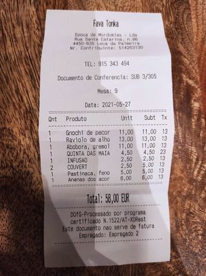 Bill for 2 at Fava Tonka in Matosinhos