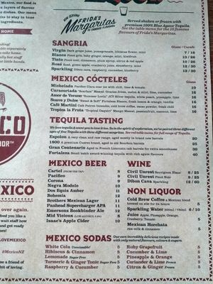 Drink menu at Mexico - Central in Christchurch