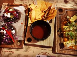 Blue corn memelas, salsa roja and chickpea patatas  at Mexico - Central in Christchurch