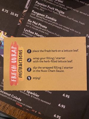 Instructions for the spring rolls  at Banana Tree in Chelmsford