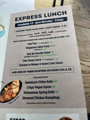 Express lunch  menu with many vegan options   at Banana Tree in South West London