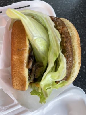 My pedestrian-looking vegan burger in its container. at Elevation Burger in Aberdeen