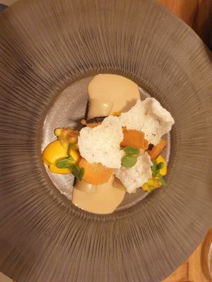 Kimchi cannelloni, carrot in several textures, laksa sauce at Arkhe in Lisbon