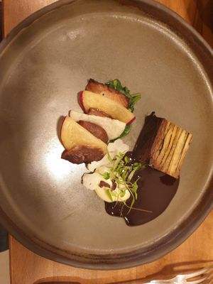 Kohl-rabi terrine with grilled shitake and plum pieces + plum & wine jus at Arkhe in Lisbon