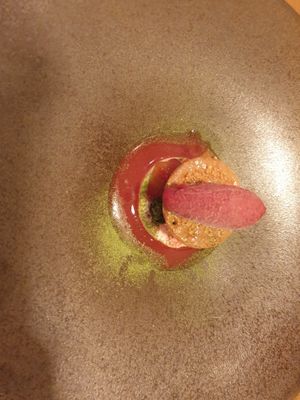 Vanilla bavaroise, berry sorbet, berry soup and almond cracker at Arkhe in Lisbon