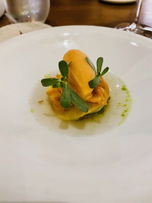 Peach and eggplant starter  at Arkhe in Lisbon