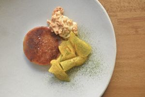 Chestnut creme brulee, persimmon, ginger crumble, lemon verbena at Arkhe in Lisbon