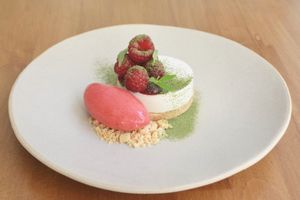 Lemon tart, raspberry sorbet, lemon verbena at Arkhe in Lisbon