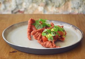 Tapioca & beets crisp, watermelon carpaccio, dijon vinaigrette, capers at Arkhe in Lisbon