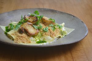 Open lasagna, porcini, leeks & mushroom cream, cured sheep’s cheese, bread crumble at Arkhe in Lisbon