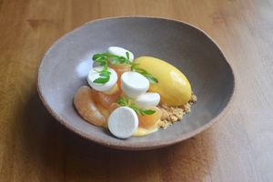 tangerine, meringue, lemon cream, passion fruit sorbet, huacatay at Arkhe in Lisbon