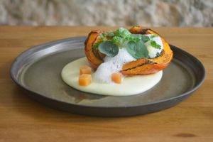 Hokkaido pumpkin, polenta, sheep’s cheese from Serra da Estrela, quince marmalade, hazelnut pesto  at Arkhe in Lisbon