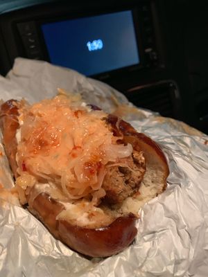 Bratwurst is so delicious.  It is cooked absolutely perfectly.  at Slutty Vegan in Atlanta