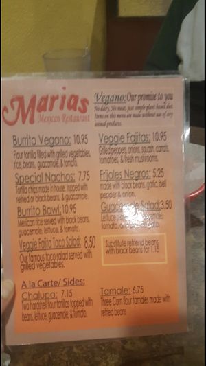 Vegan Menu at Maria's Mexican Restaurant  in Charlotte