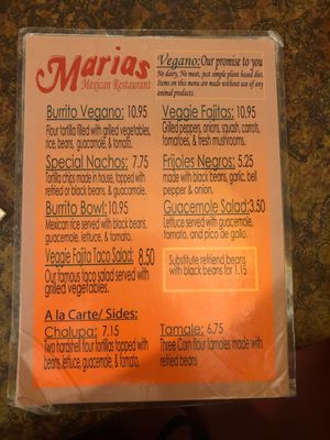 Vegan menu at Maria's Mexican Restaurant  in Charlotte