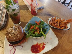 Beetroot burger with sweet patato fries! at Revolution in Inverness