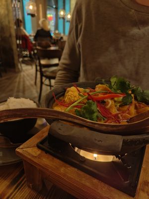 Tofu and mushroom in peanut sauce with rice at Chay Vegan in Helsingborg
