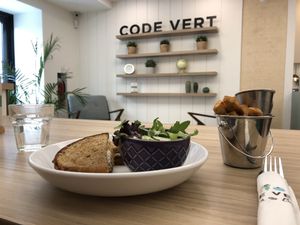 Caramelized onions grilled cheese and tofu popcorn at Code Vert in Montreal