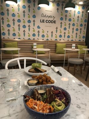 Tempeh coco bowl + tofu popcorn + grilled cheese at Code Vert in Montreal