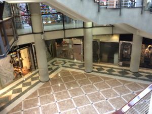 The front door looking down from the ground floor of the millennium centre at Zdrawo Slatko in Belgrade