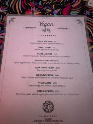 Menu at La Galeria in Cabo San Lucas