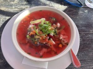 Vegan soup of the day  at La Galeria in Cabo San Lucas