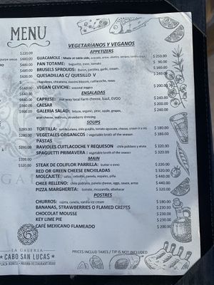 Menu at La Galeria in Cabo San Lucas