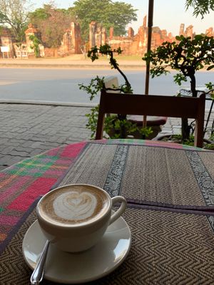 Coconut Milk Latte w/ a view of Wat Mahathat   at Coffee Old City in Ayutthaya