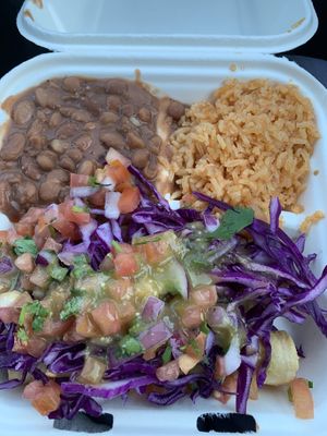 jackfruit taquitos with rice and beans  at Just Vegana in Fontana