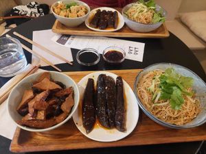 Tofu with mushroom, marinated eggplant, noodles. at Lao Lao in Stockholm