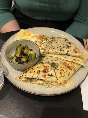 Jianbing with shiitake and tofu w/ cucumber salad on the side (the chili oil was added)   at Lao Lao in Stockholm