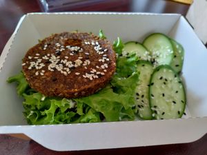 The burger without the coleslaw it was supposed to come with 😔 at Life Food in Yerevan