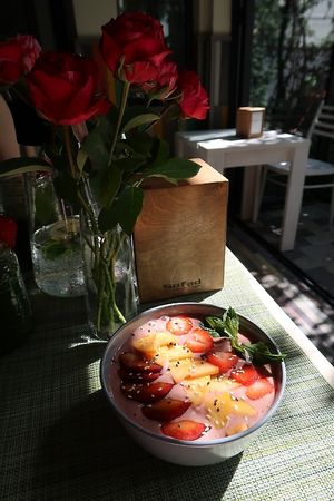 Flax Porridge with Strawberry at Life Food in Yerevan