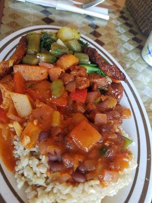 Ch'cken curry, rice beans at Nyack Main Essentials in Nyack