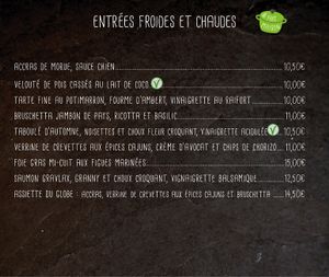 starters, Vegan indicated by "V" at Le Globe in Quimper