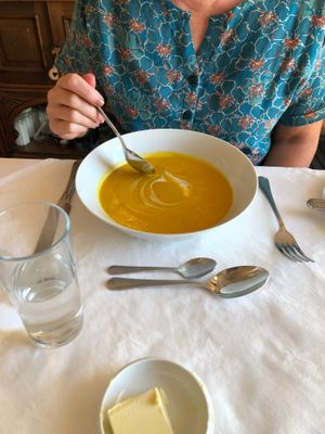 Carrot and orange soup for starter at Michael House in Tintagel