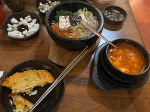 Mung Bean pancakes and Bibimbaap at Pyeong Chang Tofu in Berkeley