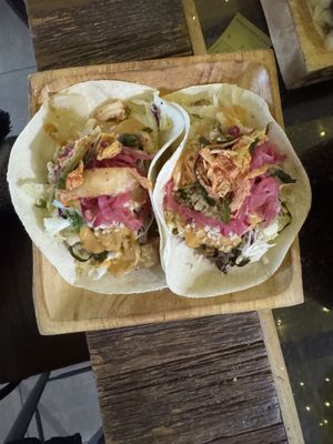 Vegan Five Spiced Tofu tacos with hot chili oil saucee  at Sula Wok in Ottawa